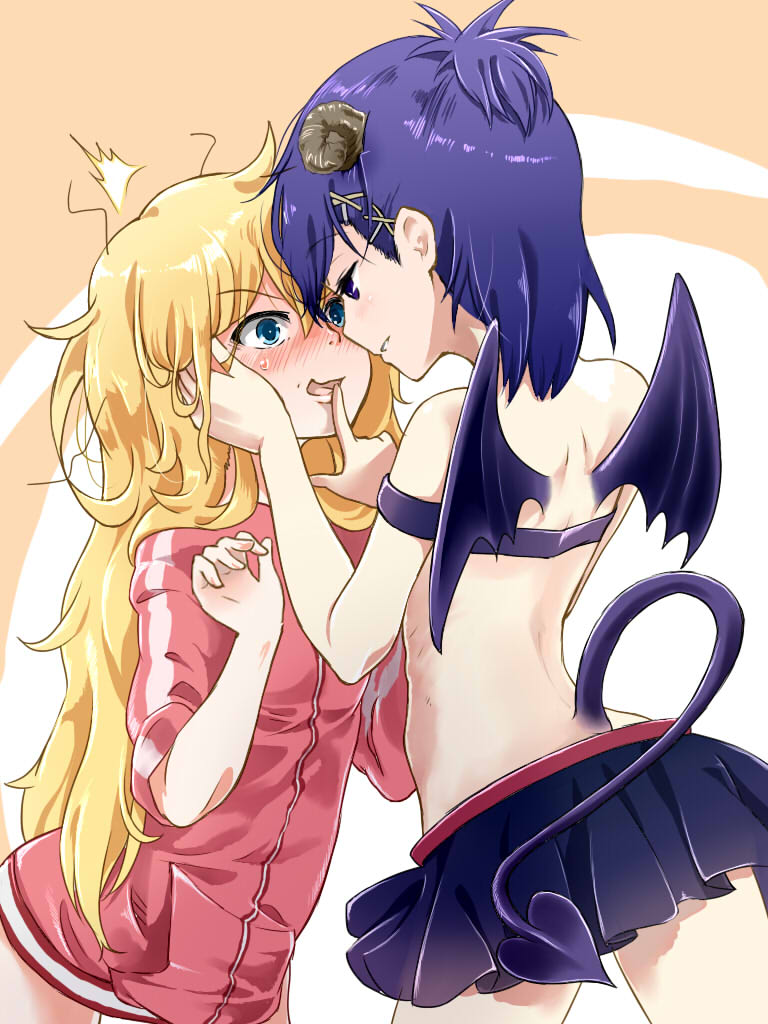 2_girls ^^^ aqua_eyes back bare_shoulders blonde_hair blue_eyes blue_hair blush commentary_request demon_girl demon_horns demon_tail demon_wings finger_to_another's_mouth forehead-to-forehead frown gabriel_dropout gabriel_tenma_white hair_ornament hallelujah_essaim hand_on_another's_face heads_together horns imminent_kiss jacket long_hair messy_hair miniskirt multiple_girls open_mouth parted_lips profile revision sazanka short_hair skirt strapless tail track_jacket tube_top vignette_tsukinose_april wings x_hair_ornament you_gonna_get_raped yuri